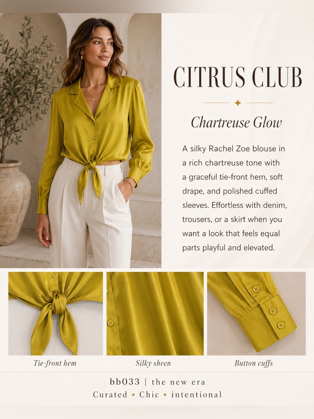 Rachel Zoe Chartreuse Satin Tie Front Cropped Long Sleeve Blouse | Size Small
